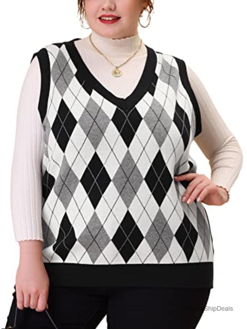 Cable Knit Plaid Sweater Vest Sleeveless Crop Pullover Boat Neck